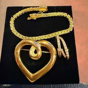 Vintage Gold Tone Heart Jewelry Set | Brooch, Tennis Bracelet & Rhinestone Hoops